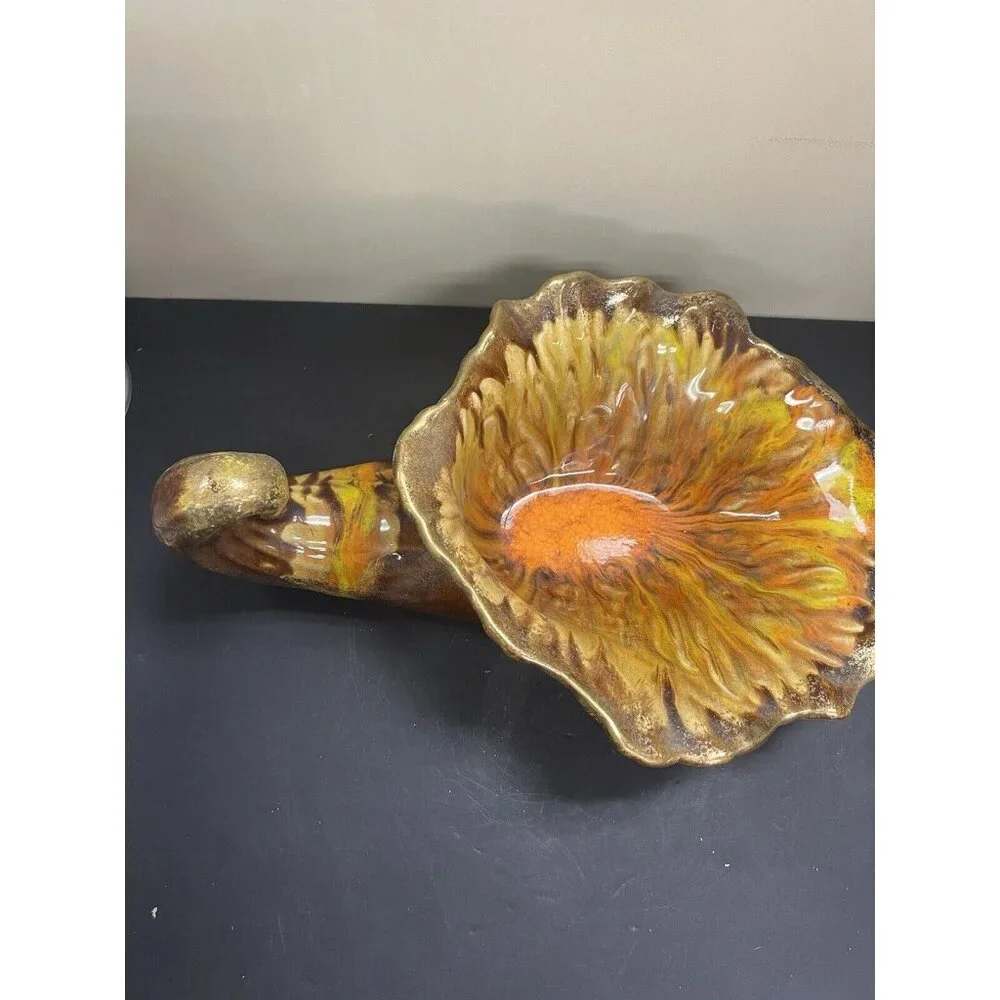 Large Vintage Vase Ceramic Horn Of Plenty Cornucopia MCM Drip Glaze Orange Brown - Picture 1 of 12